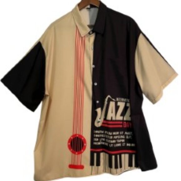 Men’s Intl Jazz Day Graphic Shirt Short Sleeve Button Down-Cream Red Black –3XL - Picture 1 of 8